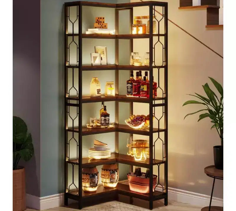 Lantine Étagère d'angle à 7 niveaux de 199,9 cm, bibliothèque industrielle haute et étagère de présentation avec rangement pour salon, chambre, bureau, marron