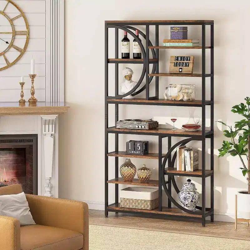 Bibliothèque Lantine de 77 pouces, étagère à 8 niveaux de style industriel avec cadre en métal, grandes étagères ouvertes pour bureau à domicile, marron/noir