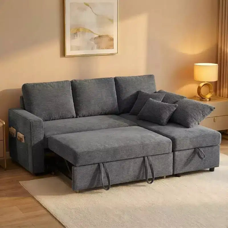 Canapé-lit Dyonery 81, canapé-lit escamotable 2 en 1, canapé d'angle en forme de L avec méridienne de rangement réversible, poches latérales