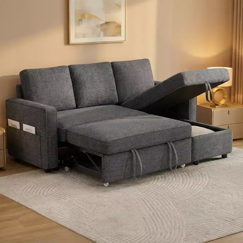Canapé-lit Dyonery 81, canapé-lit escamotable 2 en 1, canapé d'angle en forme de L avec méridienne de rangement réversible, poches latérales