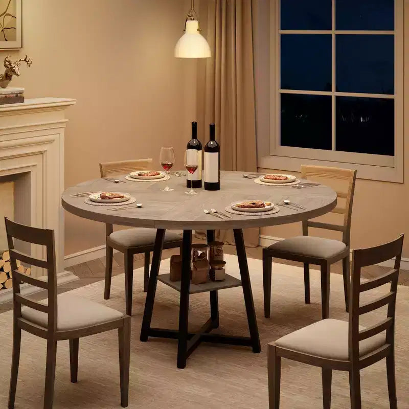 Acekool Table à Manger Ronde de 47 Pouces pour 4 à 6 Personnes, Table de Cuisine Industrielle avec Étagère de Rangement, Idéale pour les Petits Espaces (Salle à Manger/Cuisine)