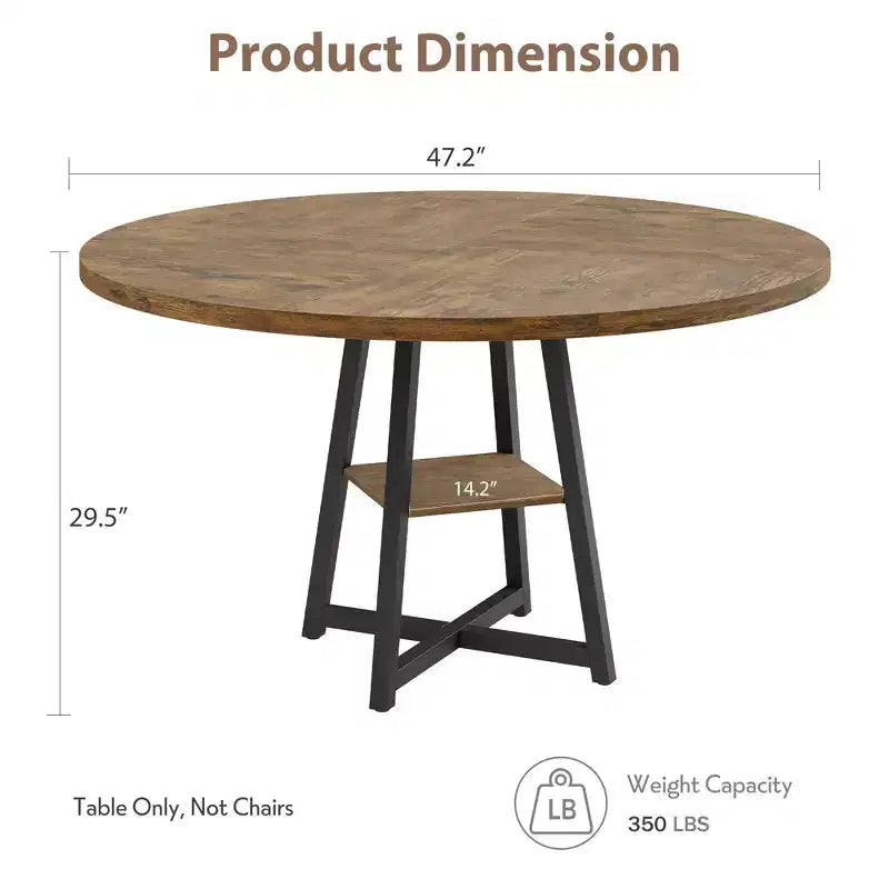 Acekool Table à Manger Ronde de 47 Pouces pour 4 à 6 Personnes, Table de Cuisine Industrielle avec Étagère de Rangement, Idéale pour les Petits Espaces (Salle à Manger/Cuisine)