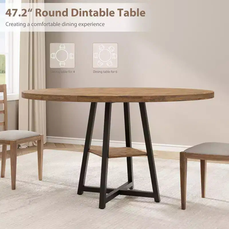 Acekool Table à Manger Ronde de 47 Pouces pour 4 à 6 Personnes, Table de Cuisine Industrielle avec Étagère de Rangement, Idéale pour les Petits Espaces (Salle à Manger/Cuisine)