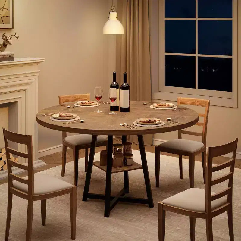Acekool Table à Manger Ronde de 47 Pouces pour 4 à 6 Personnes, Table de Cuisine Industrielle avec Étagère de Rangement, Idéale pour les Petits Espaces (Salle à Manger/Cuisine)