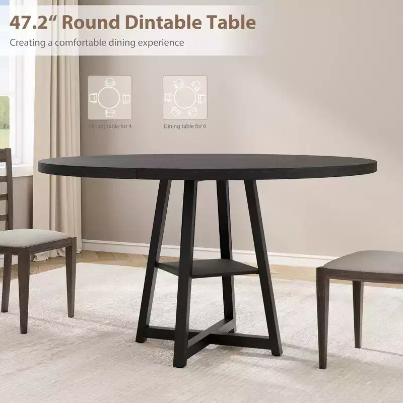 Acekool Table à Manger Ronde de 47 Pouces pour 4 à 6 Personnes, Table de Cuisine Industrielle avec Étagère de Rangement, Idéale pour les Petits Espaces (Salle à Manger/Cuisine)