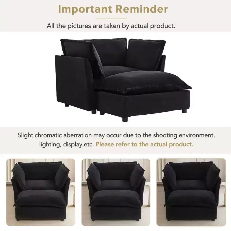 MAYEERTY Canapé Fauteuil Moderne 47 Canapé Rembourré avec Ottomane Mobile Siège Large Coussins Moelleux pour Salon Noir