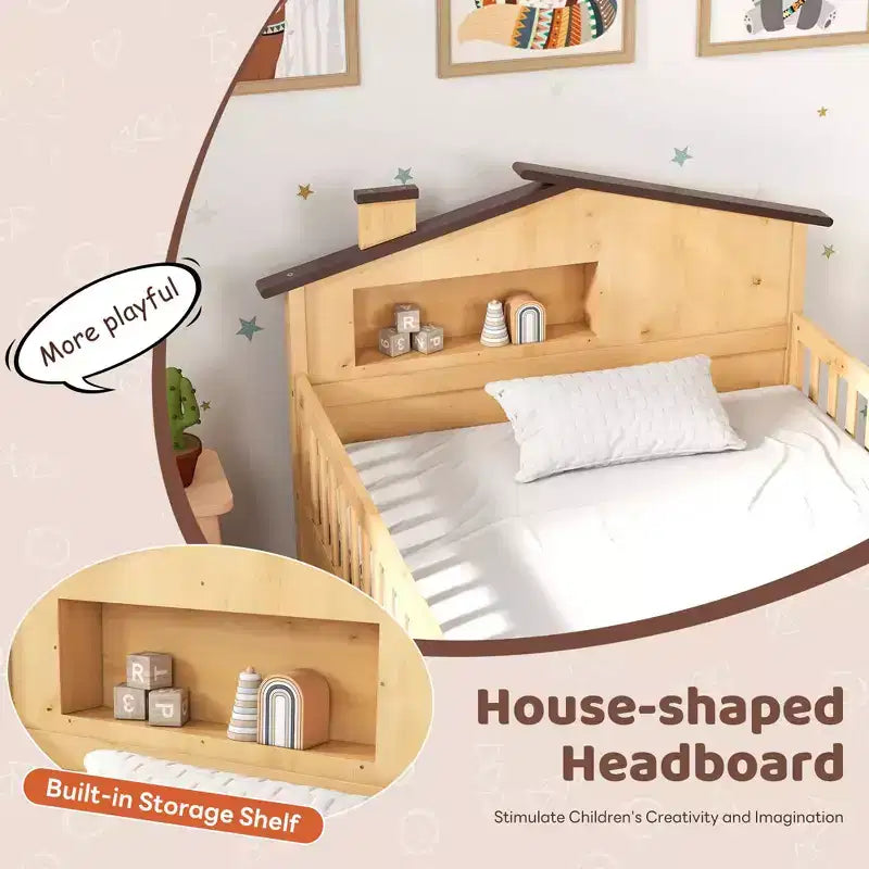 Lit simple en bois massif MAYEERTY pour enfants avec rangement, tête de lit cabane et barrières de sécurité