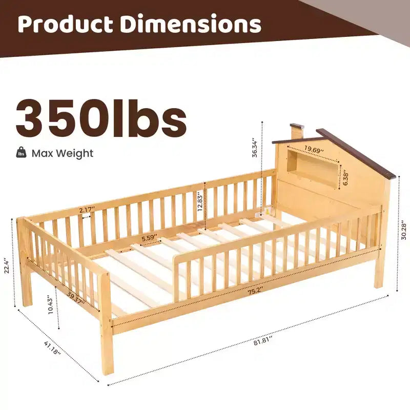 Lit simple en bois massif MAYEERTY pour enfants avec rangement, tête de lit cabane et barrières de sécurité