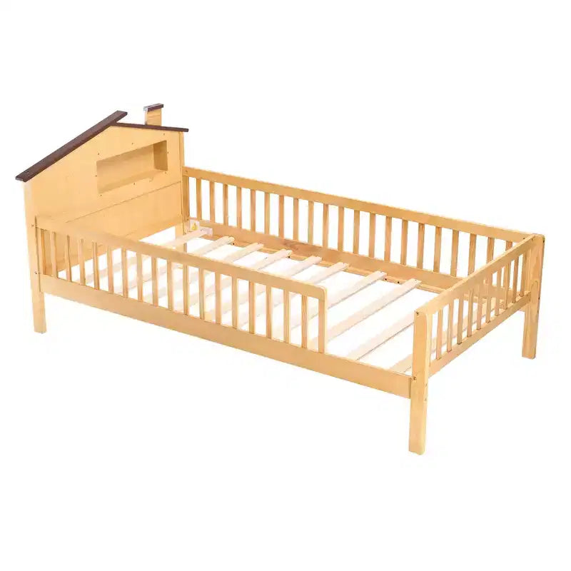 Lit simple en bois massif MAYEERTY pour enfants avec rangement, tête de lit cabane et barrières de sécurité