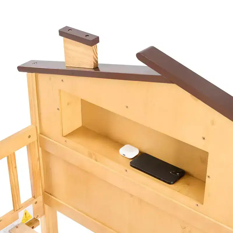 Lit simple en bois massif MAYEERTY pour enfants avec rangement, tête de lit cabane et barrières de sécurité