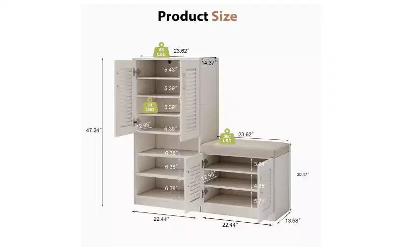 JVNOXK Meuble à chaussures multifonctionnel de 47 pouces avec étagères réglables, compartiment de rangement et banc rembourré, idéal pour l'entrée, Blanc