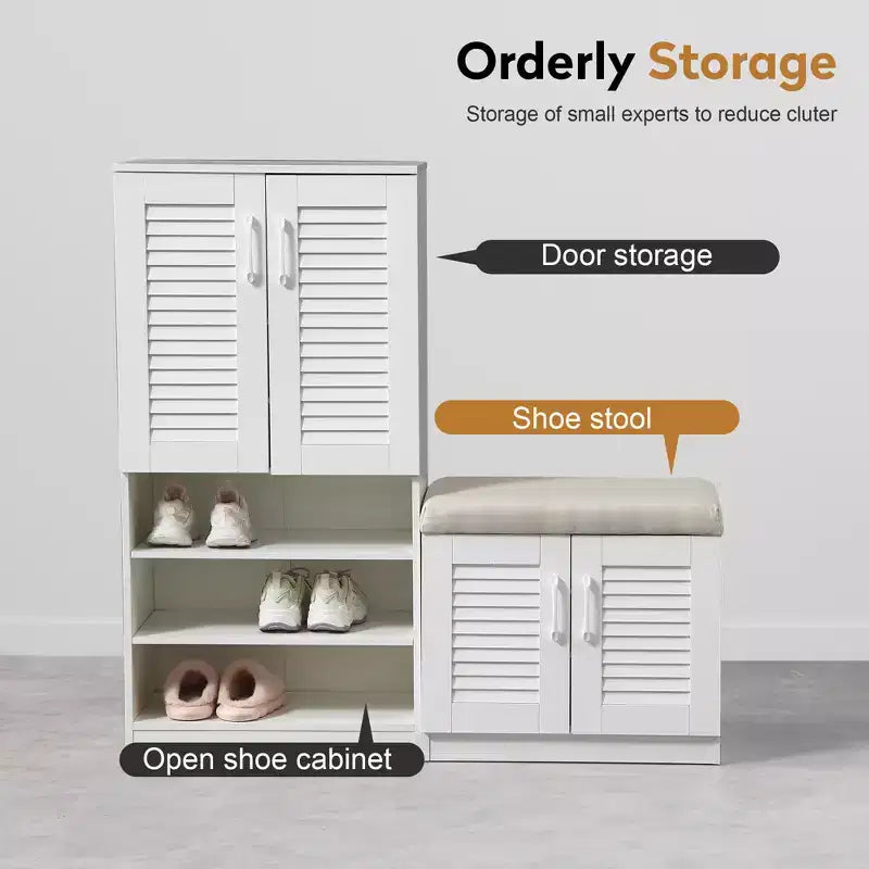 JVNOXK Meuble à chaussures multifonctionnel de 47 pouces avec étagères réglables, compartiment de rangement et banc rembourré, idéal pour l'entrée, Blanc