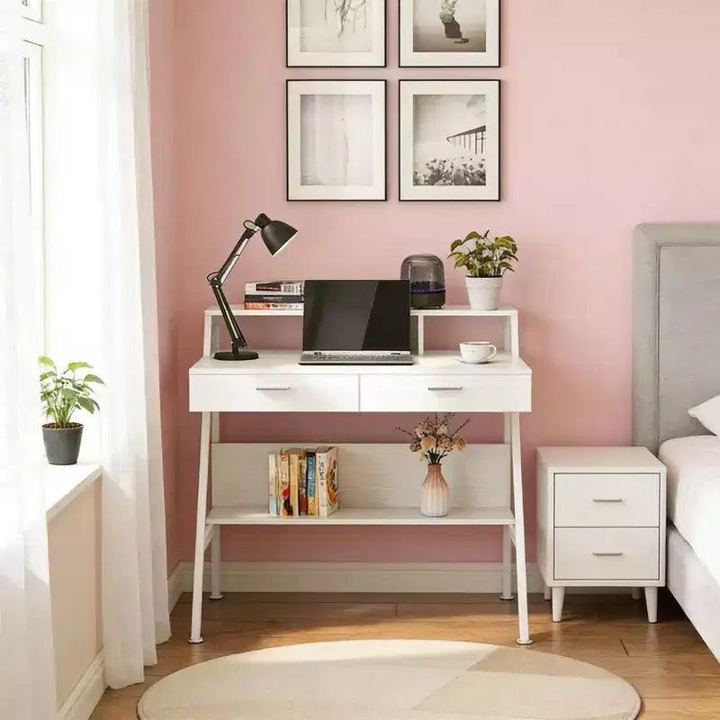 NAYSAYE Bureau table d'écriture table d'appoint avec étagère de rangement tiroirs et rehausseur de moniteur pour bureau à domicile, blanc, 47.28*23.64*35.46