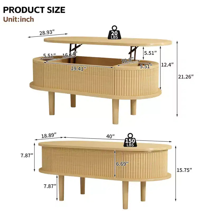 NAYSAYE Table basse relevable Table d'appoint Table centrale cannelée en bois avec rangement caché pour salon ou bureau, marron, 40*18.89*15.75