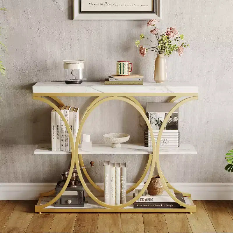 Console étroite de ferme à 3 niveaux Meuble d'entrée rectangulaire avec étagères de rangement, pieds géométriques en métal Table de canapé d'appoint polyvalente