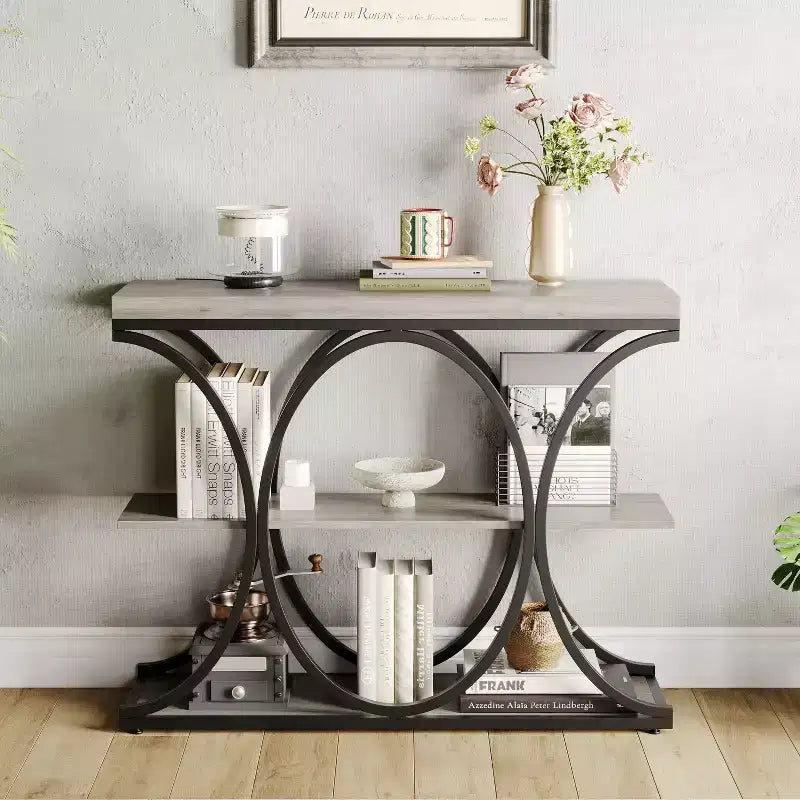 Console étroite de ferme à 3 niveaux Meuble d'entrée rectangulaire avec étagères de rangement, pieds géométriques en métal Table de canapé d'appoint polyvalente
