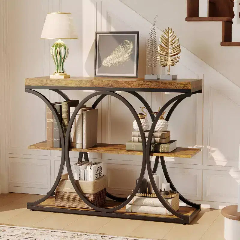 Console étroite de ferme à 3 niveaux Meuble d'entrée rectangulaire avec étagères de rangement, pieds géométriques en métal Table de canapé d'appoint polyvalente