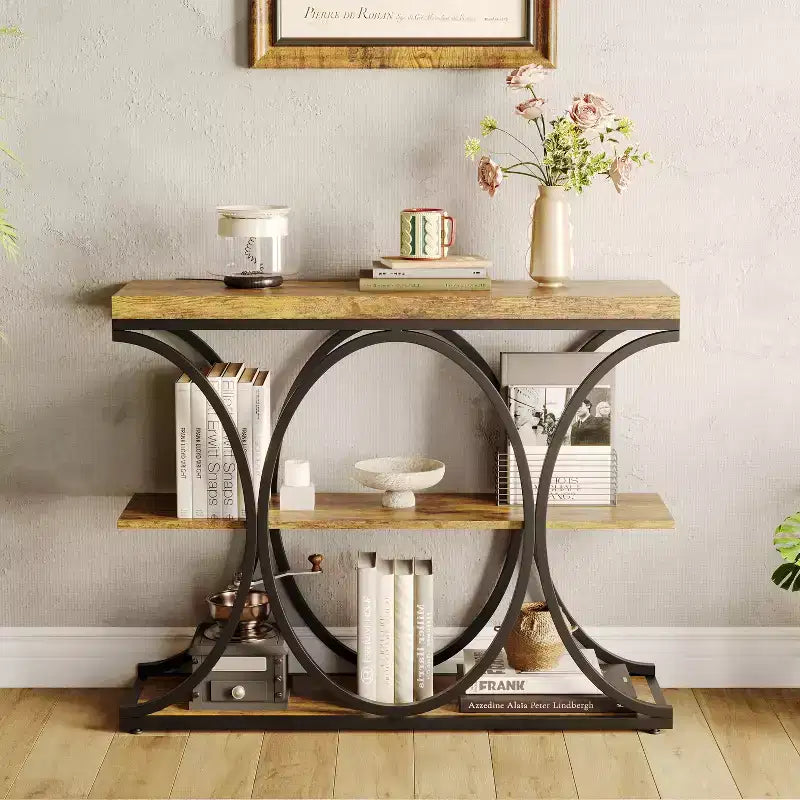 Console étroite de ferme à 3 niveaux Meuble d'entrée rectangulaire avec étagères de rangement, pieds géométriques en métal Table de canapé d'appoint polyvalente