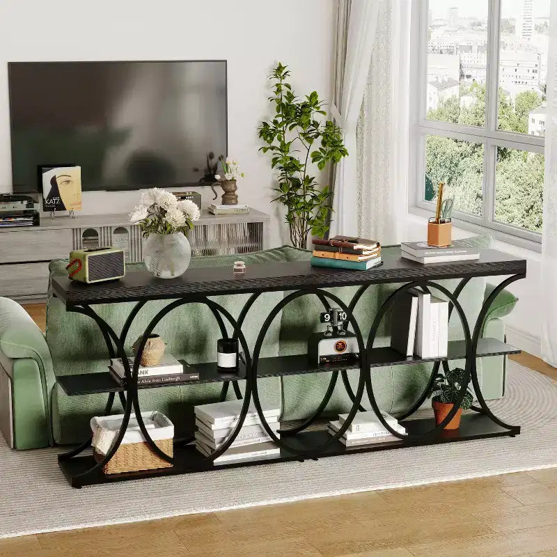 Console étroite de ferme à 3 niveaux Meuble d'entrée rectangulaire avec étagères de rangement, pieds géométriques en métal Table de canapé d'appoint polyvalente