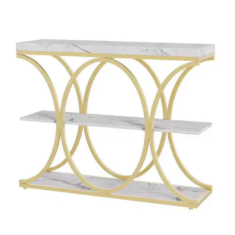 Console étroite de ferme à 3 niveaux Meuble d'entrée rectangulaire avec étagères de rangement, pieds géométriques en métal Table de canapé d'appoint polyvalente