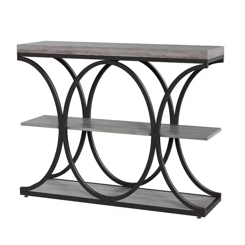 Console étroite de ferme à 3 niveaux Meuble d'entrée rectangulaire avec étagères de rangement, pieds géométriques en métal Table de canapé d'appoint polyvalente