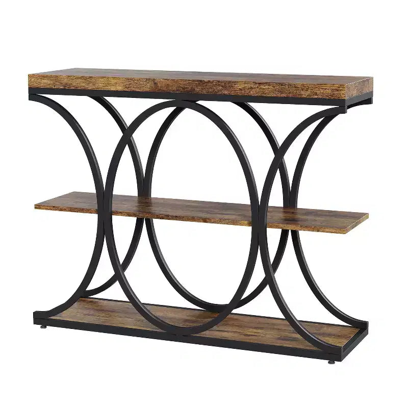 Console étroite de ferme à 3 niveaux Meuble d'entrée rectangulaire avec étagères de rangement, pieds géométriques en métal Table de canapé d'appoint polyvalente