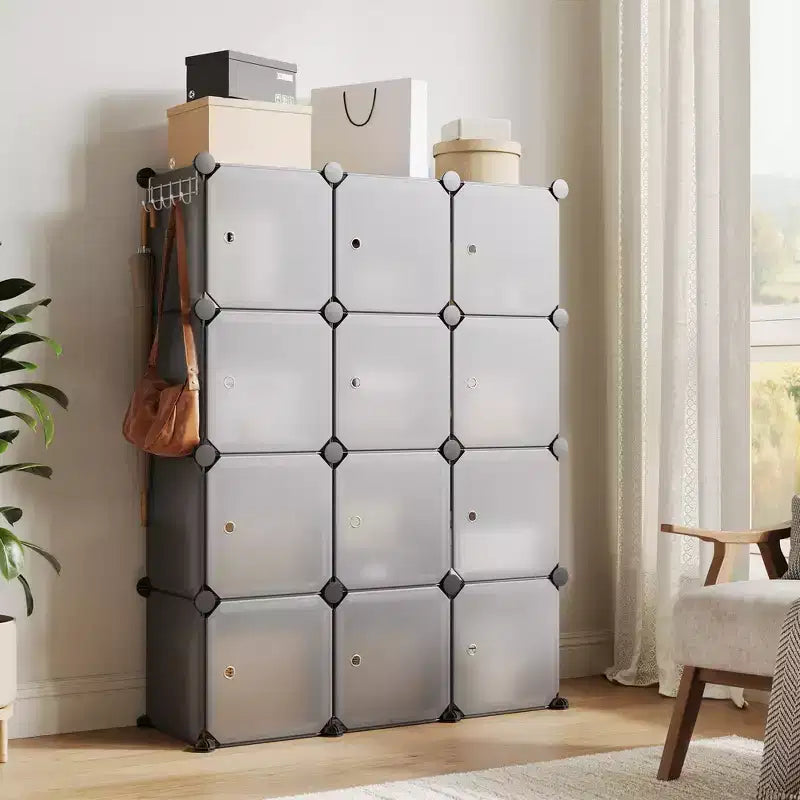 Organisateur de rangement, Rangement cube, Unité modulaire à 12 cubes avec portes, Étagères empilables en plastique ABS pour la maison/le bureau