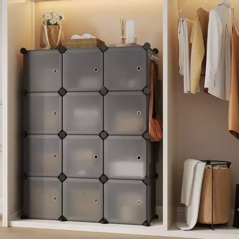 Organisateur de rangement, Rangement cube, Unité modulaire à 12 cubes avec portes, Étagères empilables en plastique ABS pour la maison/le bureau
