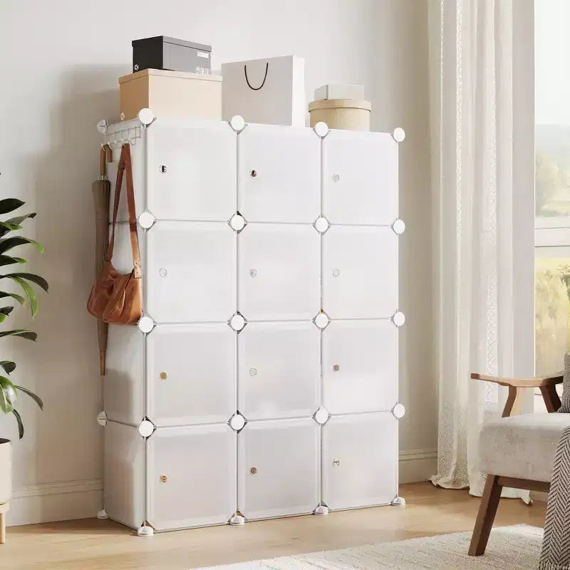 Organisateur de rangement, Rangement cube, Unité modulaire à 12 cubes avec portes, Étagères empilables en plastique ABS pour la maison/le bureau