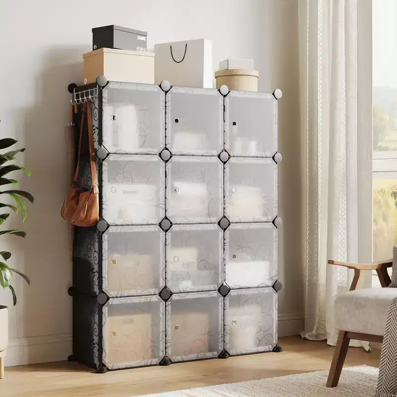 Organisateur de rangement, Rangement cube, Unité modulaire à 12 cubes avec portes, Étagères empilables en plastique ABS pour la maison/le bureau