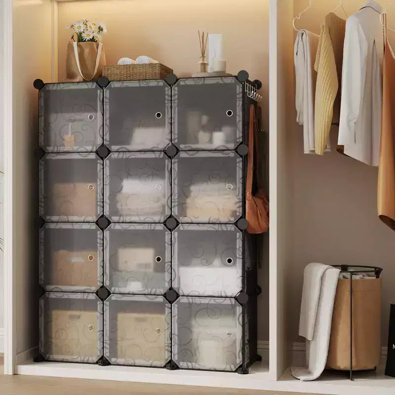 Organisateur de rangement, Rangement cube, Unité modulaire à 12 cubes avec portes, Étagères empilables en plastique ABS pour la maison/le bureau