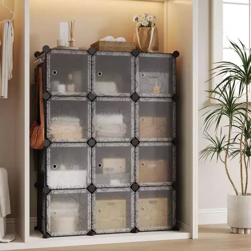 Organisateur de rangement, Rangement cube, Unité modulaire à 12 cubes avec portes, Étagères empilables en plastique ABS pour la maison/le bureau