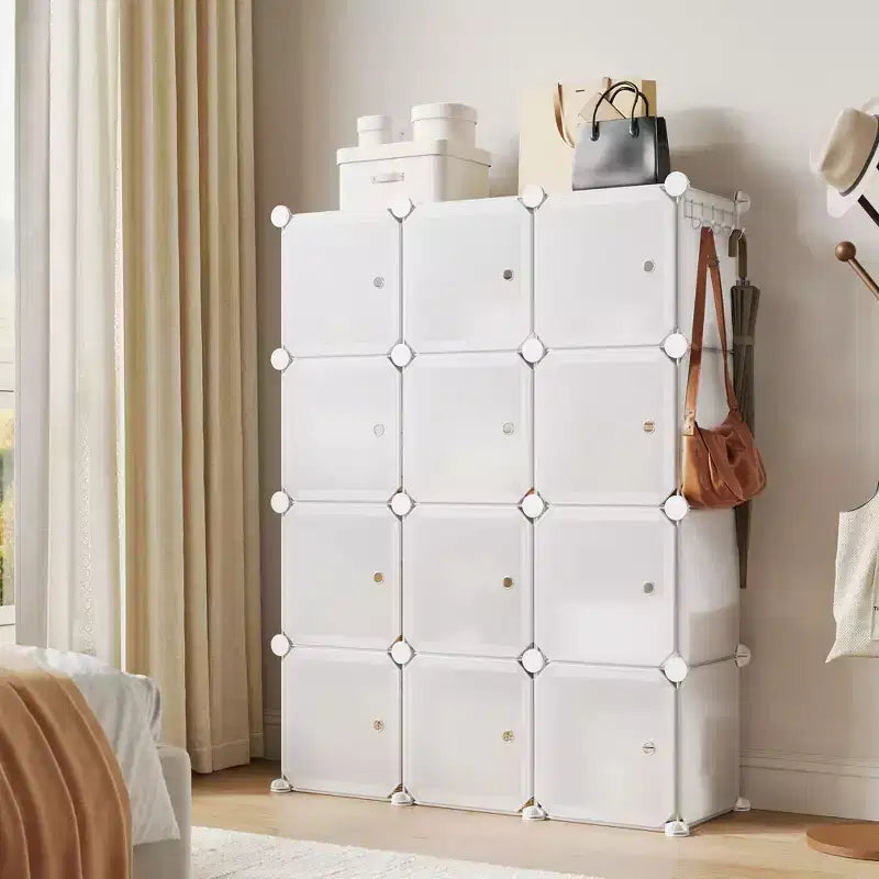 Organisateur de rangement, Rangement cube, Unité modulaire à 12 cubes avec portes, Étagères empilables en plastique ABS pour la maison/le bureau