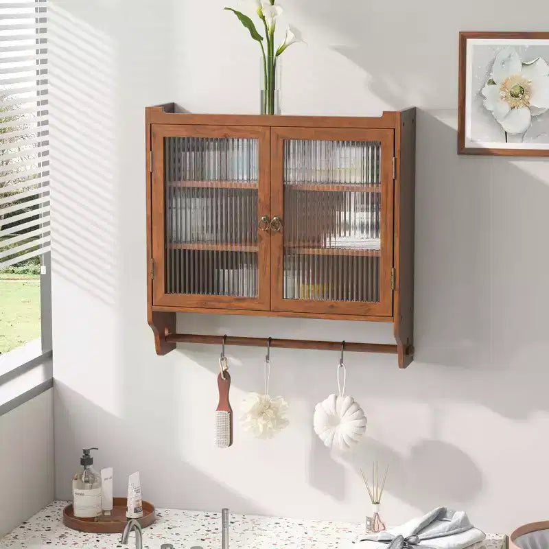 MAYEERTY 24.8 Armoire de cuisine et de salle à manger vintage à double porte vitrée avec trois étagères et porte-serviettes pour cuisine et salle à manger, marron