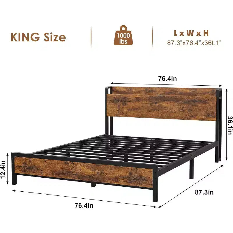 Cadre de lit King Size avec station de recharge et ports USB, plateforme de lit King industrielle avec tête de lit, cadre de lit de rangement à 2 niveaux, marron