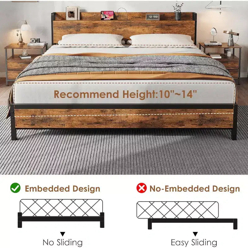 Cadre de lit King Size avec station de recharge et ports USB, plateforme de lit King industrielle avec tête de lit, cadre de lit de rangement à 2 niveaux, marron