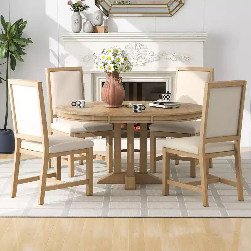 Ensemble de salle à manger 5 pièces de style ferme pour 4 personnes, comprenant une table à manger ronde extensible en bois massif et 4 chaises rembourrées pour la cuisine