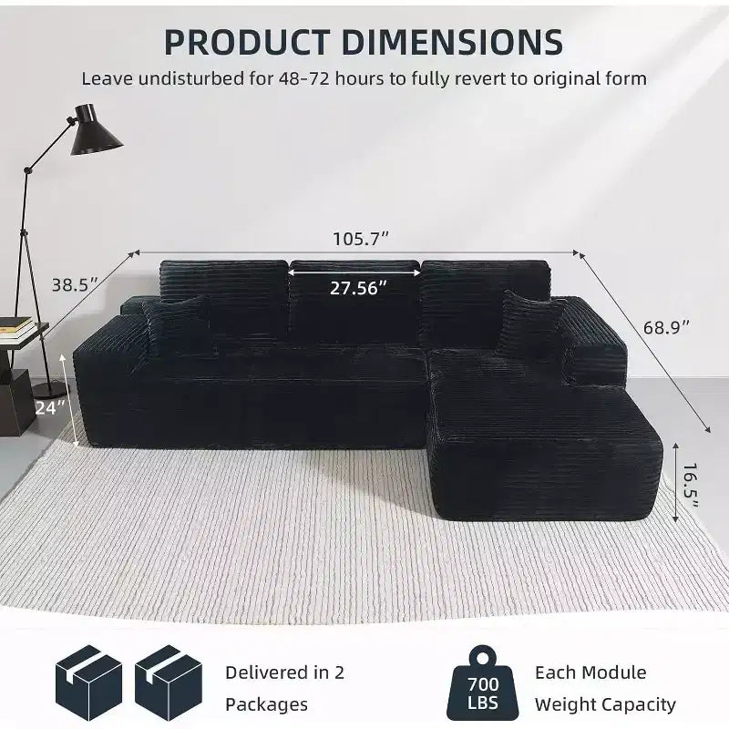 MooxvMoo 105 Canapé d'angle modulable avec coussin décoratif et assise profonde pour salon, canapé en peluche confortable en forme de L avec méridienne, aucun assemblage requis, noir