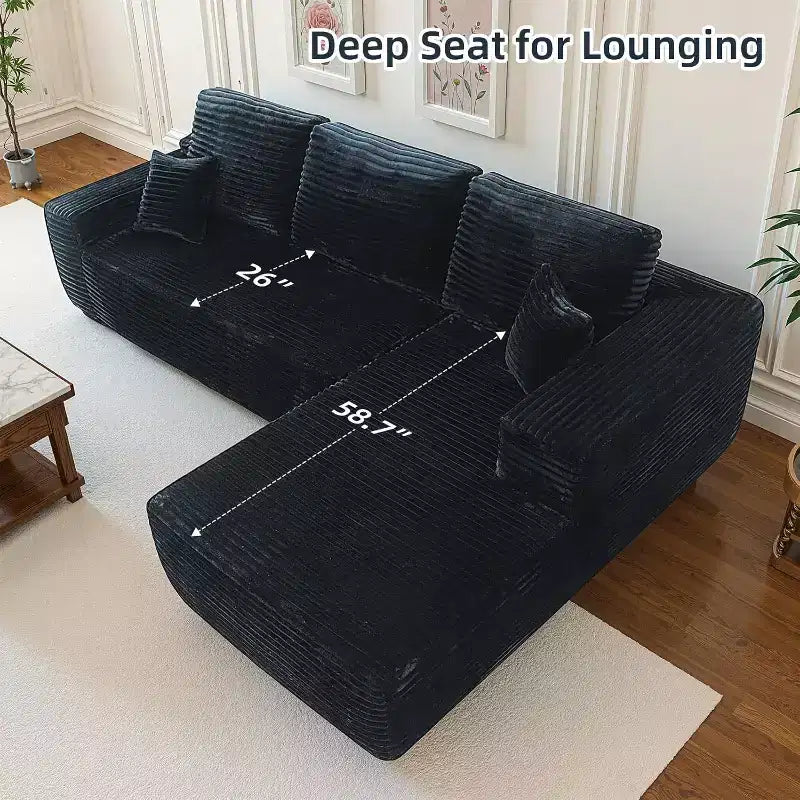 MooxvMoo 105 Canapé d'angle modulable avec coussin décoratif et assise profonde pour salon, canapé en peluche confortable en forme de L avec méridienne, aucun assemblage requis, noir