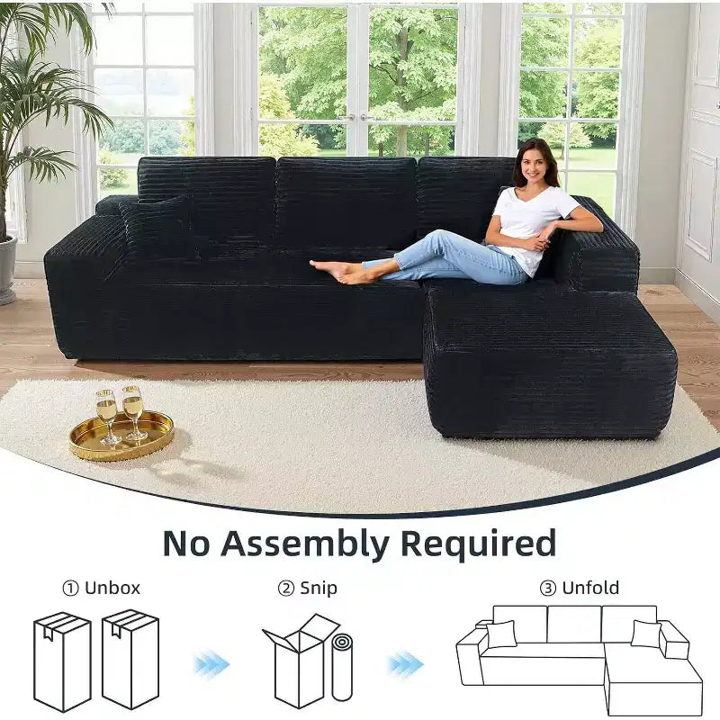 MooxvMoo 105 Canapé d'angle modulable avec coussin décoratif et assise profonde pour salon, canapé en peluche confortable en forme de L avec méridienne, aucun assemblage requis, noir