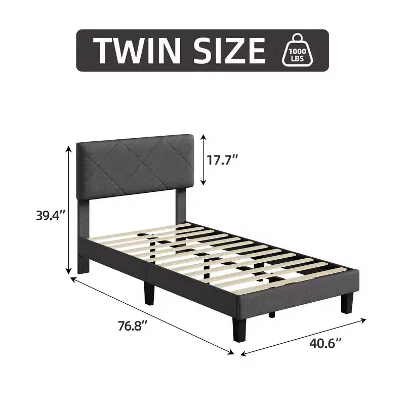 Cadre de lit GustoWave pour lit double/grand lit/très grand lit avec tête de lit rembourrée - Lit plateforme gris avec lattes en bois