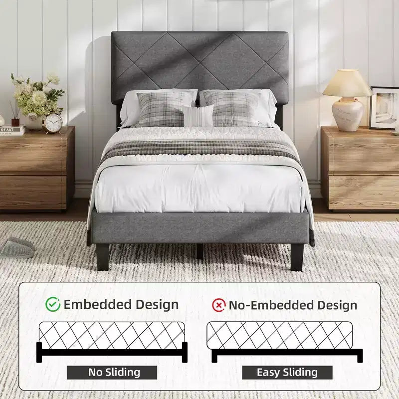 Cadre de lit GustoWave pour lit double/grand lit/très grand lit avec tête de lit rembourrée - Lit plateforme gris avec lattes en bois