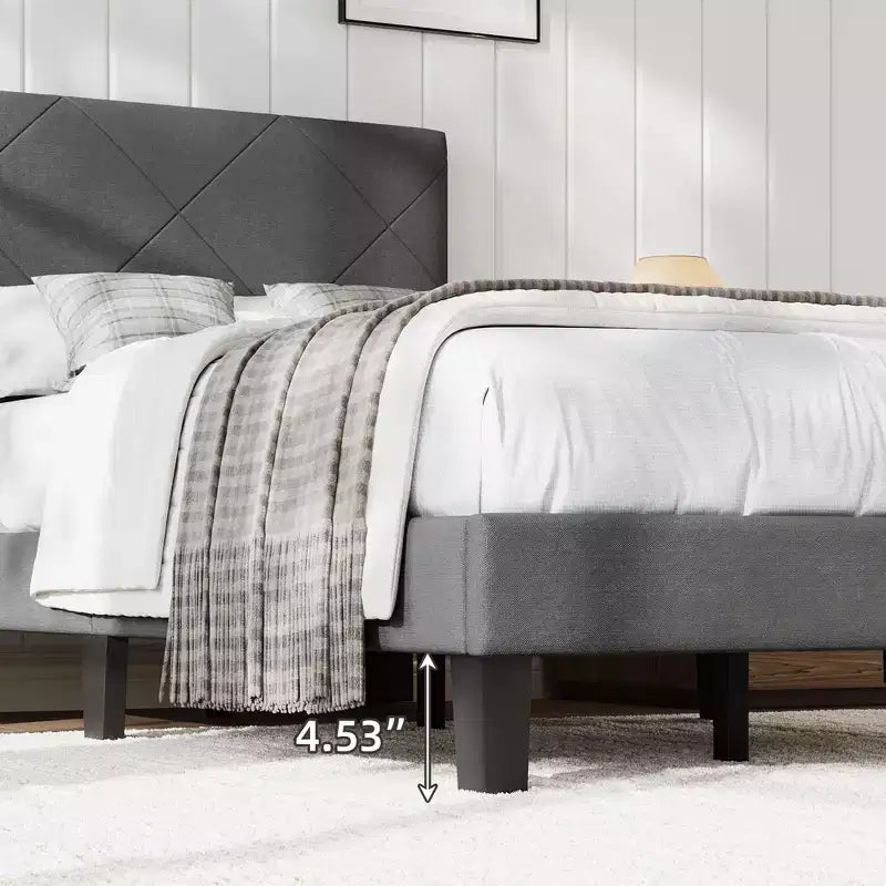 Cadre de lit GustoWave pour lit double/grand lit/très grand lit avec tête de lit rembourrée - Lit plateforme gris avec lattes en bois