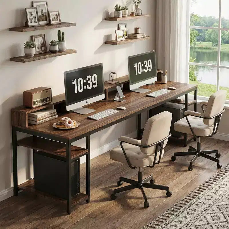 MAYEERTY 78.7 Bureau d'ordinateur pour deux personnes, table de bureau avec support d'écran et 4 étagères ouvertes