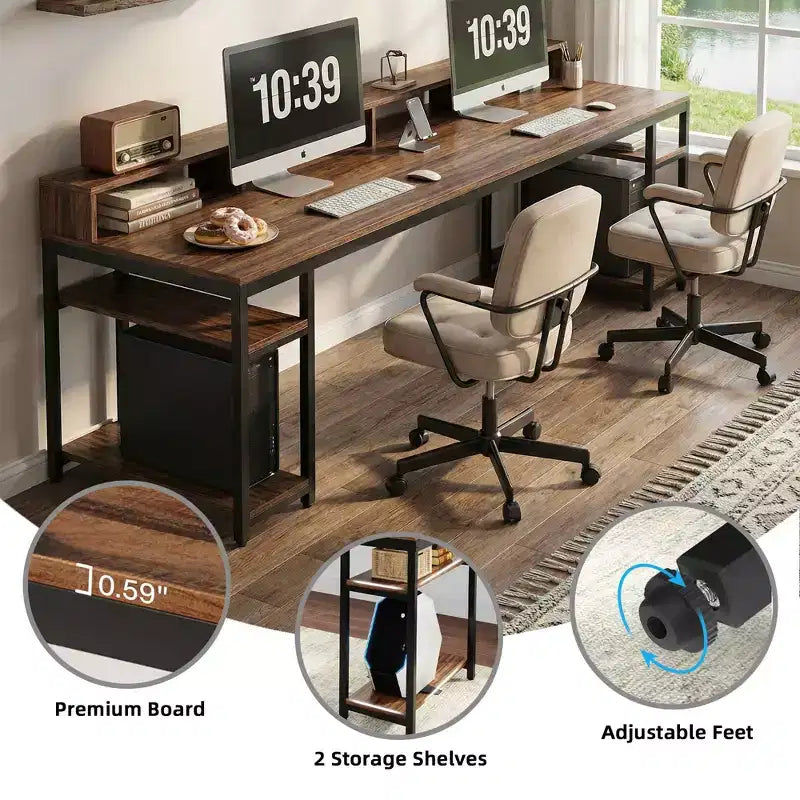 MAYEERTY 78.7 Bureau d'ordinateur pour deux personnes, table de bureau avec support d'écran et 4 étagères ouvertes
