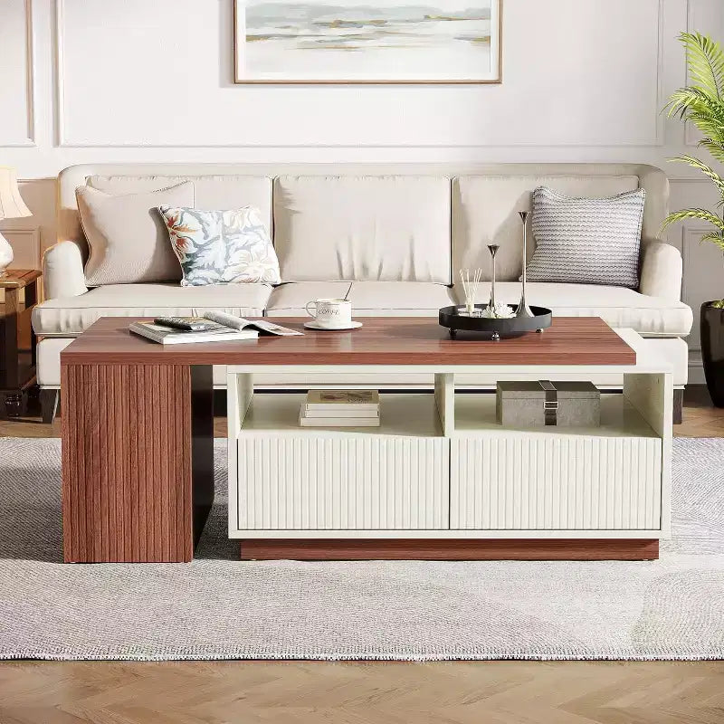 Table basse extensible Lantine avec 2 tiroirs de rangement, table de salon réversible avec étagères et plateau réglable (longueur réglable de 109 à 190 cm)
