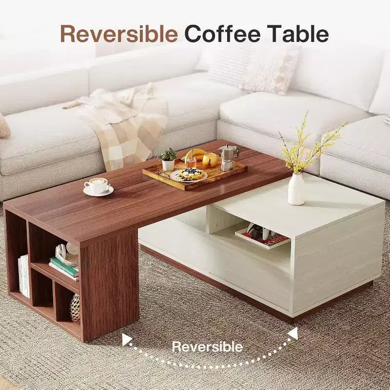 Table basse extensible Lantine avec 2 tiroirs de rangement, table de salon réversible avec étagères et plateau réglable (longueur réglable de 109 à 190 cm)