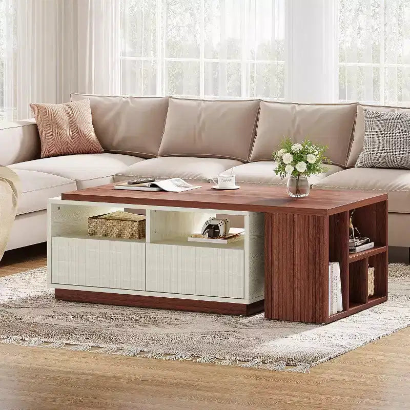 Table basse extensible Lantine avec 2 tiroirs de rangement, table de salon réversible avec étagères et plateau réglable (longueur réglable de 109 à 190 cm)