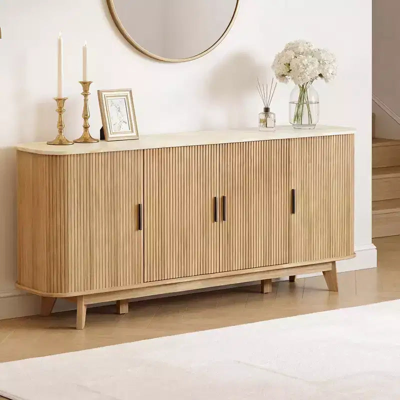 Dyonery 69 Buffet bahut cannelé moderne - Rangement à 4 portes avec étagères réglables, crédence élégante pour salle à manger