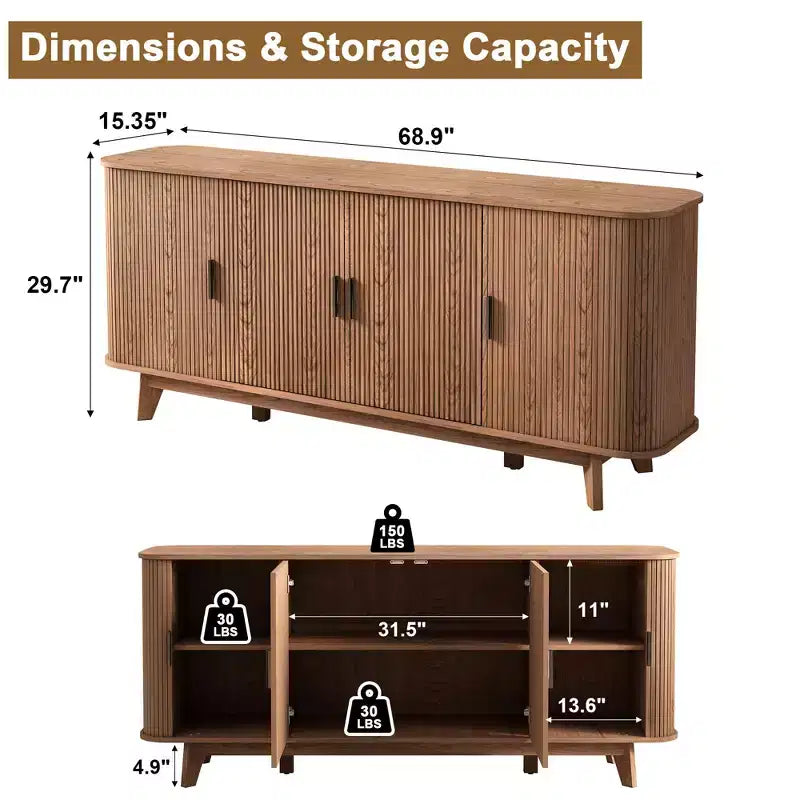 Dyonery 69 Buffet bahut cannelé moderne - Rangement à 4 portes avec étagères réglables, crédence élégante pour salle à manger